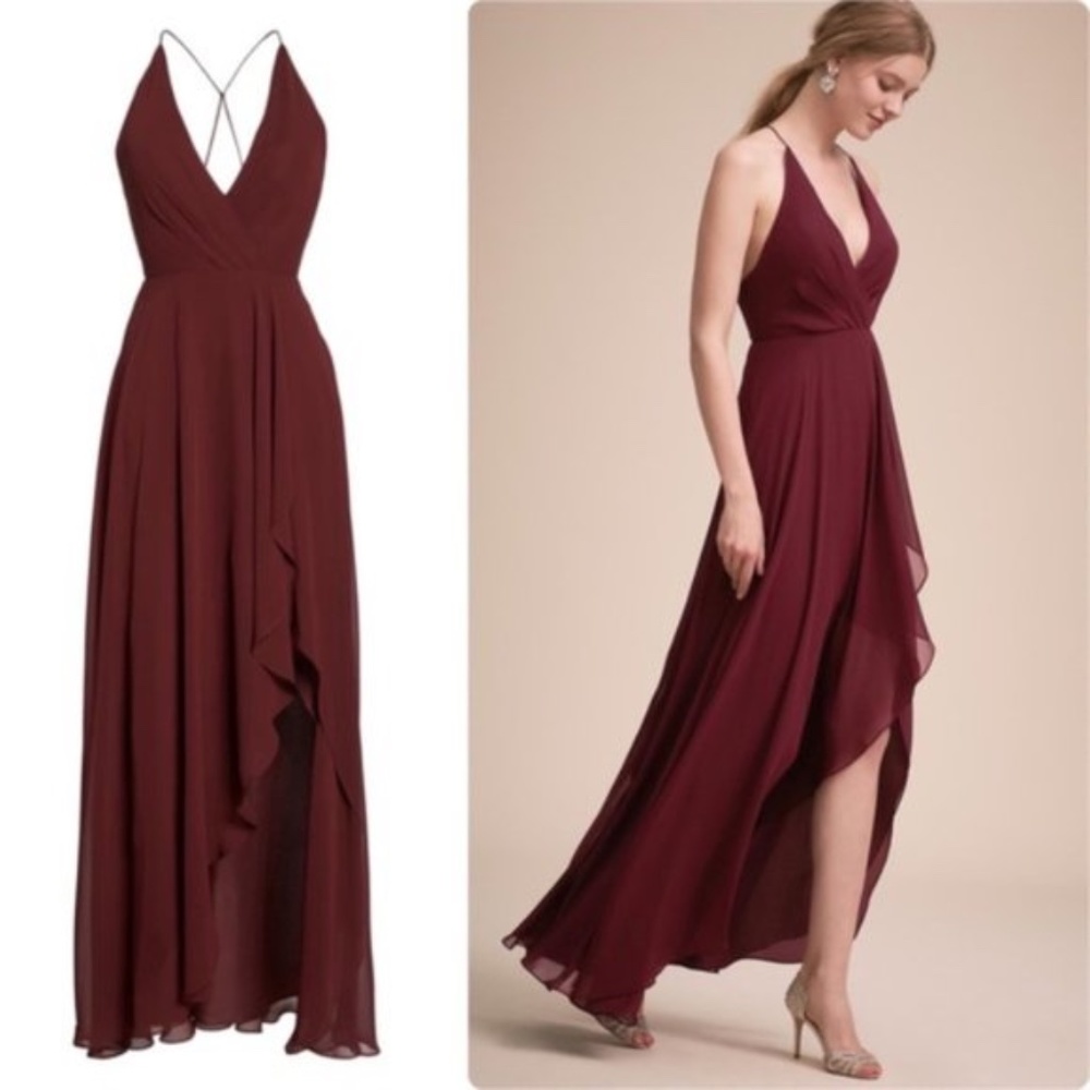 Jenny Yoo Farrah Ruffle Skirt Chiffon Gown, Hibiscus, Size 2